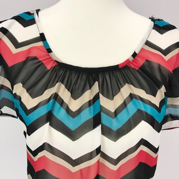 A'gaci Teal Zig Zag Chevron Chiffon Tie Back Top - Picture 3 of 14